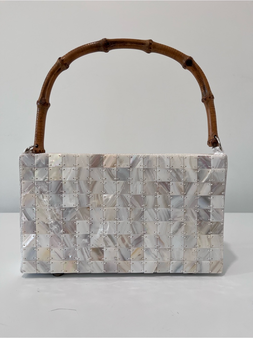 Vintage TORBA White Mother-of-Pearl Shell Tile Top-Handle Bag with Bamboo Handle